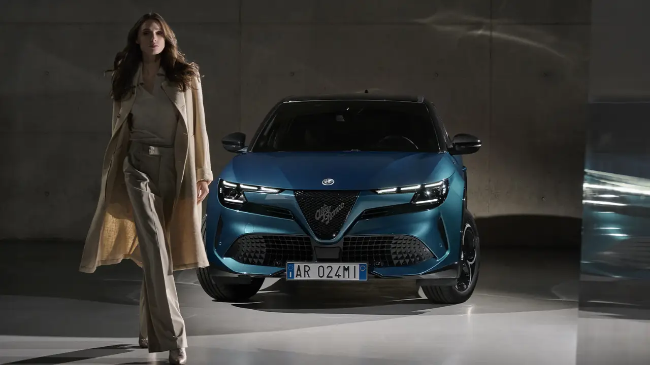Alfa Romeo Junior blu parcheggiata con davanti una donna