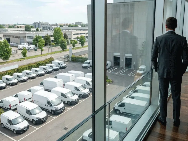 Business man che osserva la flotta aziendale fiat con veicoli commerciali