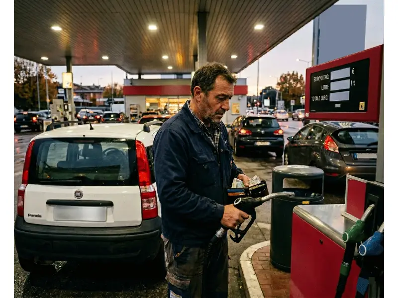 persona affranta che fa carburante ad un distributore di benzina con dietro una fiat pandina