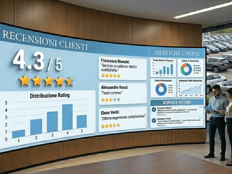 Due persone avanti ad un ledwall che proietta le recensioni Frentauto
