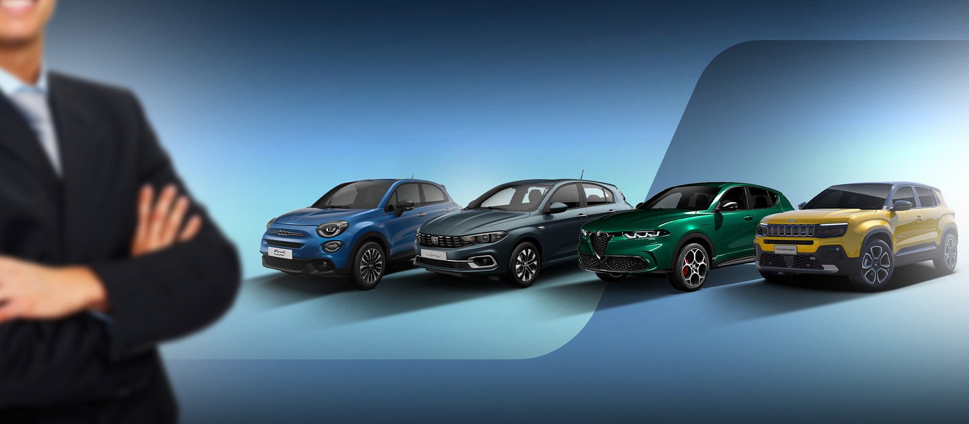 Immagine con schiera di auto: Fiat, Alfa Romeo e Jeep. Frentauto 